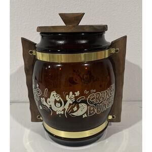 Vintage 1960s Siesta Ware Amber & Wood Snack Cookie Jar - Crunch Bunch